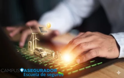 Manos sobre teclado con iconos de energía renovable, movilidad eléctrica y logotipo de Campus Asegurador Escuela de Seguros.