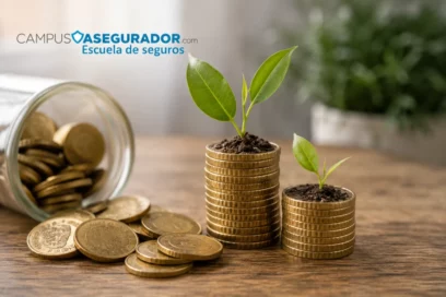 Plantas creciendo sobre pilas de monedas de euro junto a frasco de ahorro y logotipo de Campus Asegurador sobre césped.