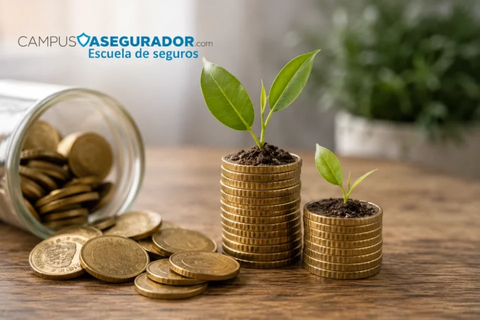 Plantas creciendo sobre pilas de monedas de euro junto a frasco de ahorro y logotipo de Campus Asegurador sobre césped.