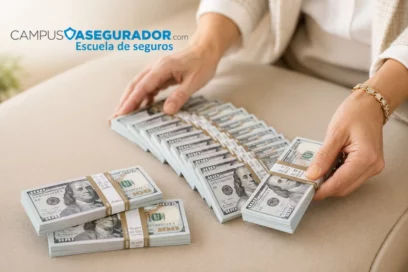 Manos manejando fajos de billetes de cien dólares con logotipo de Campus Asegurador sobre superficie neutra.