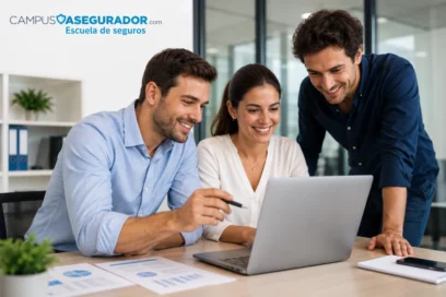Tres expertos colaboran con ordenador portátil en programa de capacitación técnica de Escuela de Seguros Campus Asegurador.
