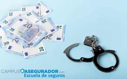 Billetes de 20 euros apilados junto a unas esposas metálicas abiertas sobre un fondo azul minimalista.