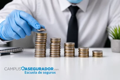 Profesional con guantes de nitrilo apilando monedas de euro junto al logotipo de Campus Asegurador Escuela de Seguros.