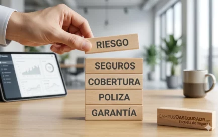 Mano posicionando bloque RISK sobre niveles HIGH, MEDIUM y LOW. Logotipo de Campus Asegurador en la esquina inferior.