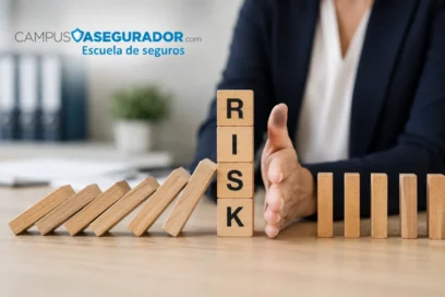 Bloques RISK frenando caída de fichas madera con logo Campus Asegurador. Ilustración de gestión de riesgos en seguros.