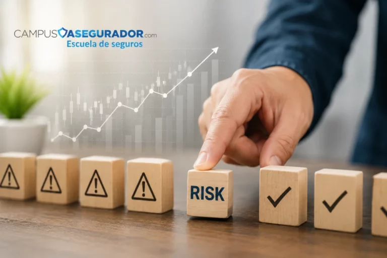 Dedo señalando bloque de madera con palabra RISK rodeado de símbolos de advertencia en contexto de seguros.