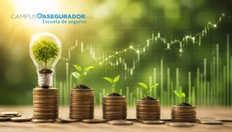 Monedas con plantas y bombilla con árbol sobre gráfico bursátil. Logo Campus Asegurador Escuela de Seguros.