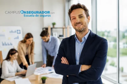 Hombre en traje azul con brazos cruzados en oficina de Campus Asegurador Escuela de Seguros con equipo al fondo.