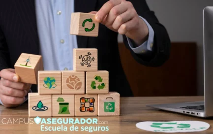 Persona apilando cubos de madera con iconografía ambiental y social junto al logotipo de Campus Asegurador.