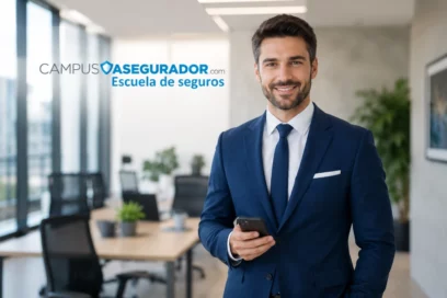 Hombre en traje azul con smartphone en oficina moderna, logotipo de Campus Asegurador Escuela de seguros.