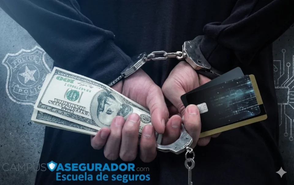 Persona esposada sosteniendo dólares y tarjeta de crédito, simbolizando arresto por fraude financiero y ciberdelincuencia.