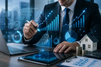 Persona operando calculadora sobre dólares con interfaz digital de datos y logotipo de Campus Asegurador Escuela de Seguros.
