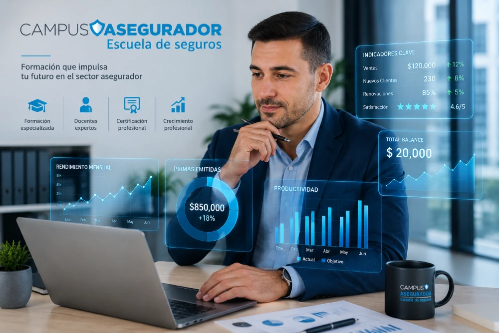 Profesional analizando estadísticas financieras y KPIs mediante interfaz digital con logotipo de Campus Asegurador.