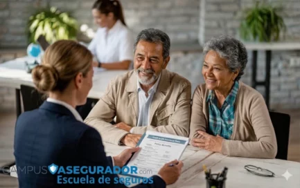 Pareja senior sonríe a consultor mientras revisan contrato de seguro en mesa de oficina de Campus Asegurador.