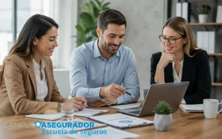 Tres profesionales analizando documentos digitales en Campus Asegurador, escuela líder en formación para el sector seguros.