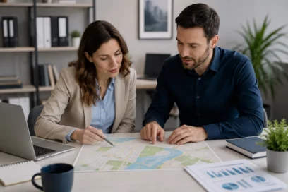 Dos profesionales de Campus Asegurador analizando un mapa cartográfico en oficina para formación técnica en seguros.
