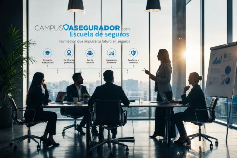 Siluetas de profesionales reunidos en oficina con logo Campus Asegurador Escuela de seguros.