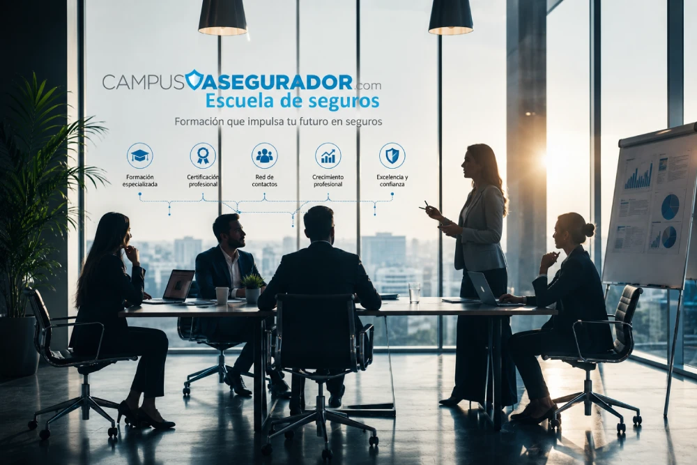 Siluetas de profesionales reunidos en oficina con logo Campus Asegurador Escuela de seguros.