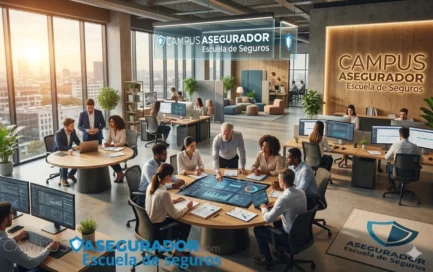 Siluetas de profesionales en oficina contemporánea con marca Campus Asegurador Escuela de Seguros.