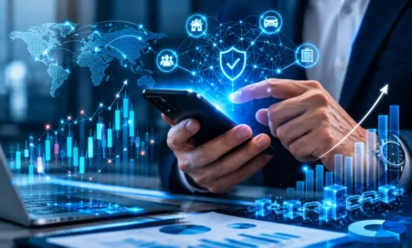 Profesional analizando red global blockchain y gráficas financieras en smartphone para formación insurtech.