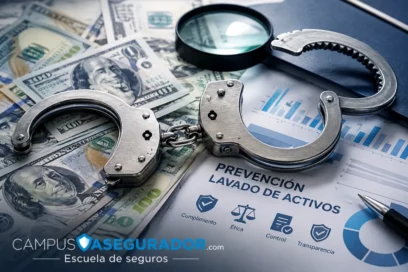 Esposas metálicas abiertas sobre billetes de un dólar estadounidense con logotipo de Campus Asegurador.