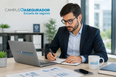 Profesional de seguros escribiendo en cuaderno frente a ordenador portátil en Campus Asegurador Escuela de Seguros.