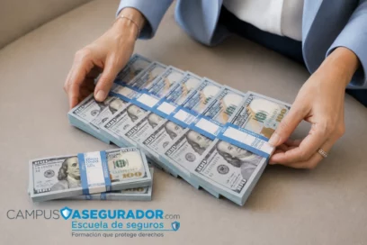 Manos manipulando fajos de billetes de cien dólares junto al logo de Campus Asegurador Escuela de Seguros.