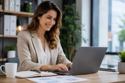 Mujer profesional en laptop interactuando con plataforma Campus Asegurador, Escuela de seguros.