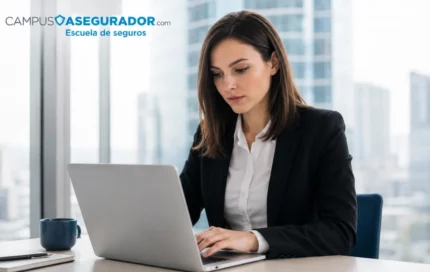Mujer profesional usa laptop frente a ventanal de oficina para plataforma de e-learning Campus Asegurador.