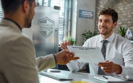 Agente de seguros sonriente entregando documento a cliente en Campus Asegurador Escuela de Seguros.