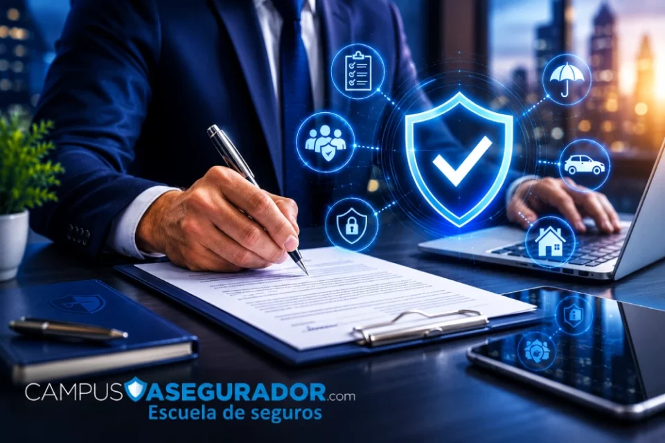 Agente de seguros firma documento sobre escritorio con portátil, smartphone y escudo de seguridad de Campus Asegurador.