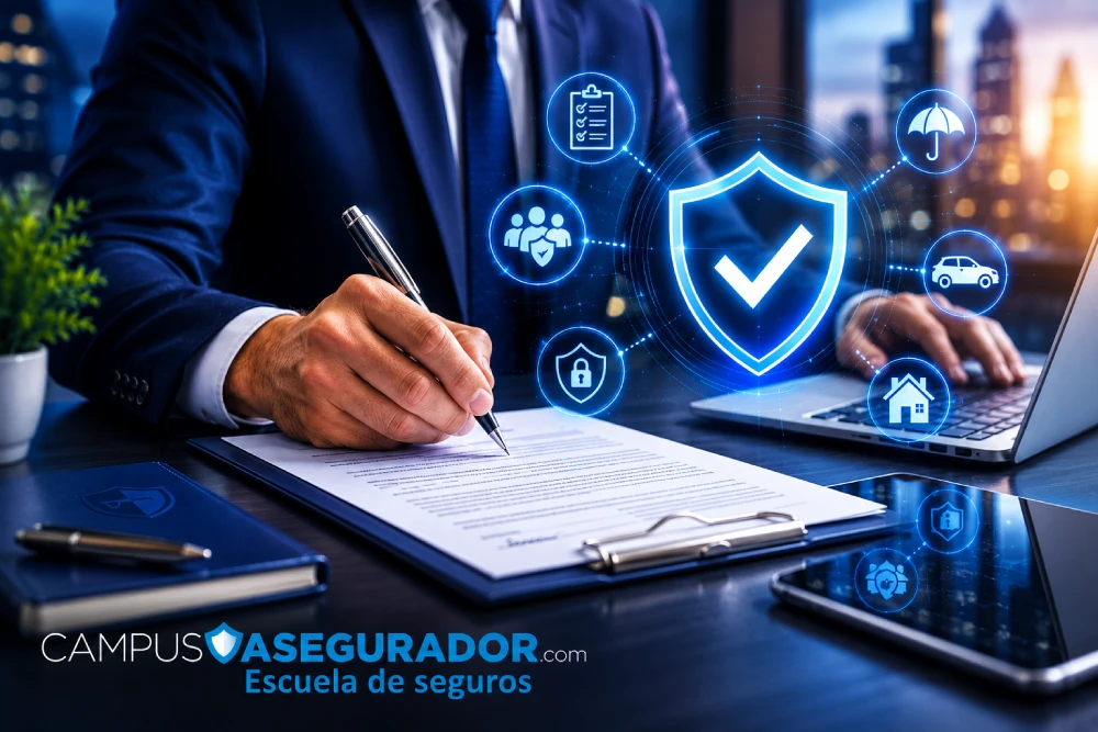 Agente de seguros firma documento sobre escritorio con portátil, smartphone y escudo de seguridad de Campus Asegurador.