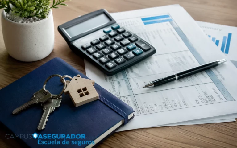 Llaves de casa, calculadora y documentos contables sobre escritorio con logo de Campus Asegurador Escuela de Seguros.