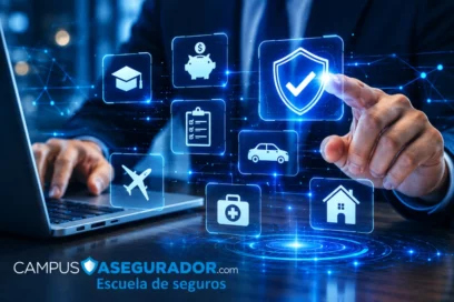 Mano seleccionando icono de escudo digital entre servicios de seguros para hogar, auto y salud en Campus Asegurador.