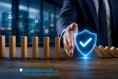 Mano de ejecutivo deteniendo caída de bloques de madera en fila, simbolizando mitigación de riesgos y protección financiera.