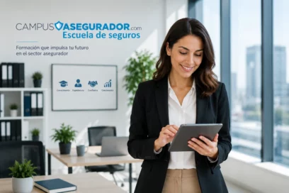 Profesional revisando documentos en oficina frente a archivadores con el logo de Campus Asegurador Escuela de Seguros.