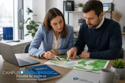 Profesionales Campus Asegurador analizan mapa topográfico para evaluación riesgos y formación técnica especializada seguros.