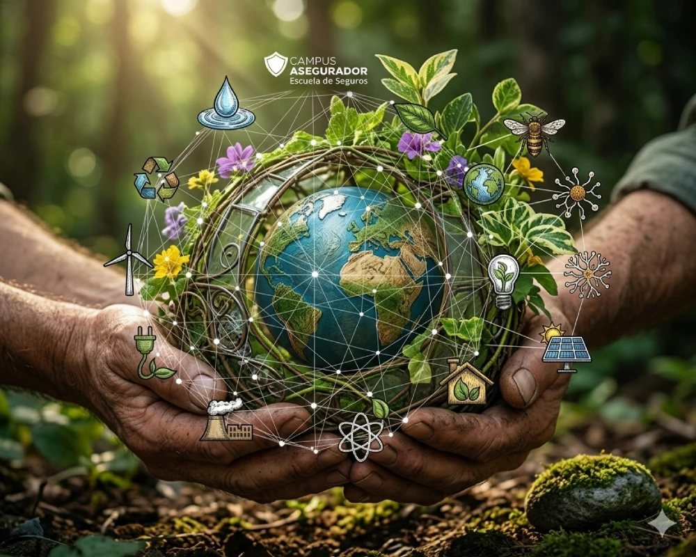 Manos sosteniendo globo terráqueo verde con red de iconos ecológicos y logo de Campus Asegurador.