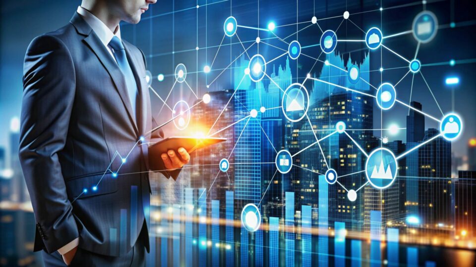 Ejecutivo operando tablet con interfaz de red neuronal y métricas financieras en representación del reglamento DORA