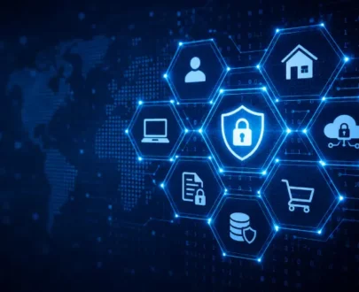Escudo central con iconos hexagonales de seguros para hogar, auto, finanzas y tecnología sobre fondo digital de datos.