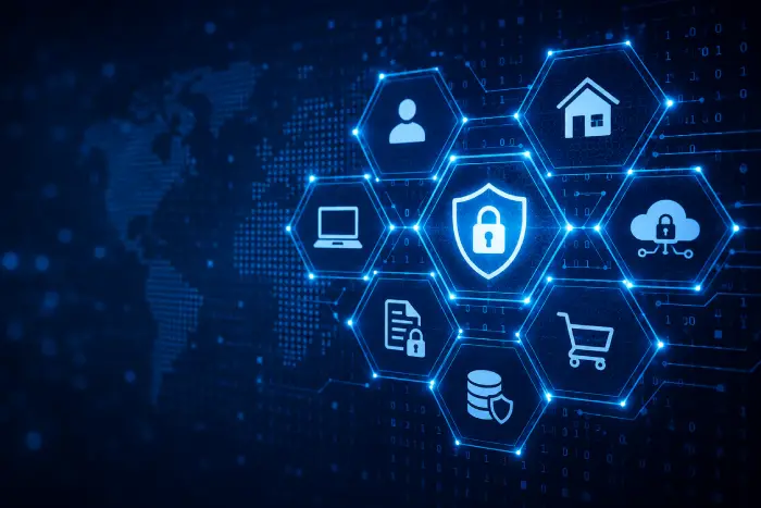 Escudo central con iconos hexagonales de seguros para hogar, auto, finanzas y tecnología sobre fondo digital de datos.