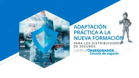 Adaptación formación distribuidores seguros Campus Asegurador con escudo protector digital y caballero en armadura plateada.