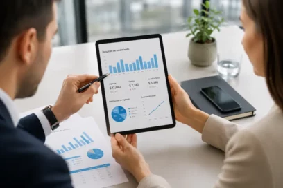 Analistas examinando gráficos financieros y métricas de rendimiento en tablet durante sesión de business intelligence.