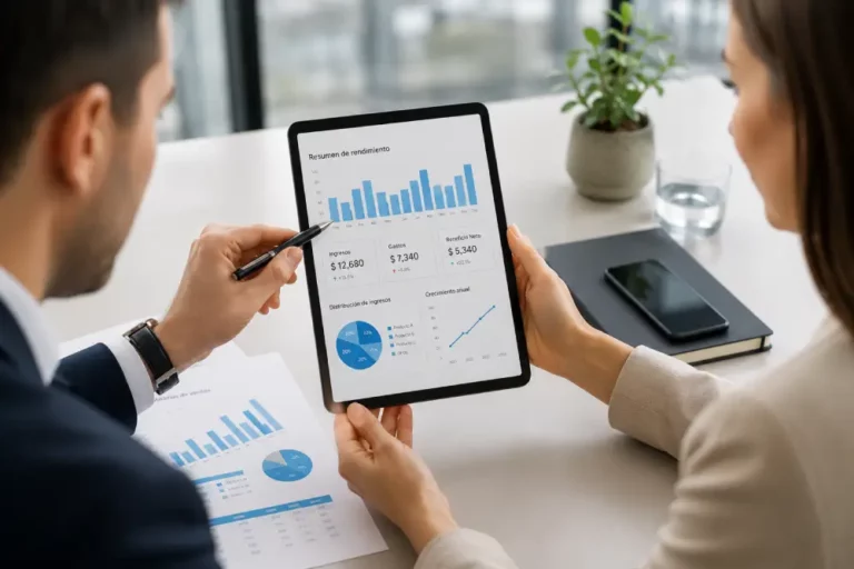 Visualización de Datos para Estrategia Corporativa Analistas examinando gráficos financieros y métricas de rendimiento en tablet durante sesión de business intelligence.