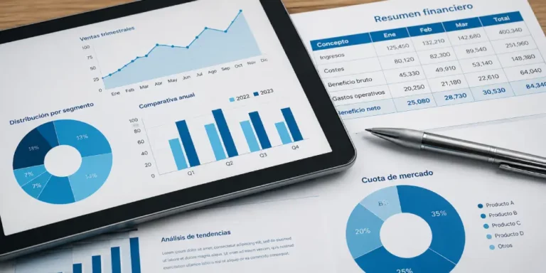 Visualización de Datos para Business Intelligence Tablet y documentos impresos con gráficos circulares, de líneas y tablas numéricas junto a un bolígrafo profesional.