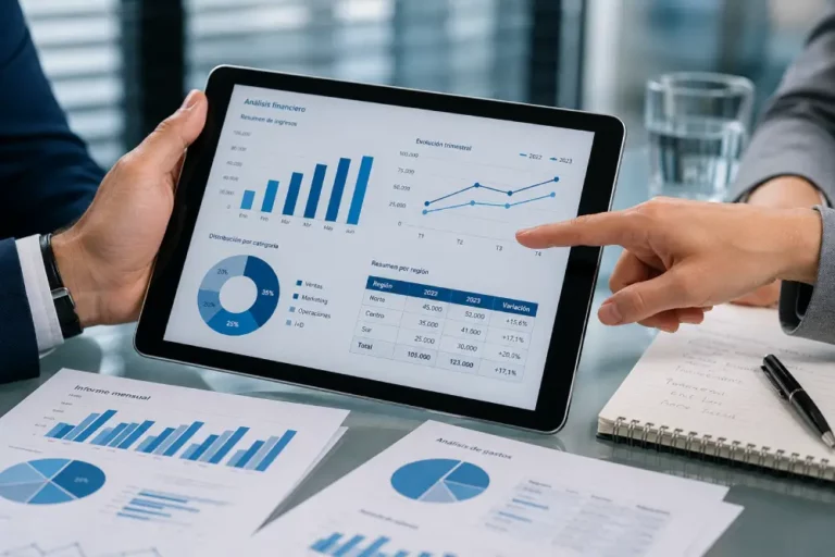 Análisis de Datos en Tablet y Business Intelligence Profesional señalando gráficos financieros en tablet digital durante reunión de análisis de datos corporativos.