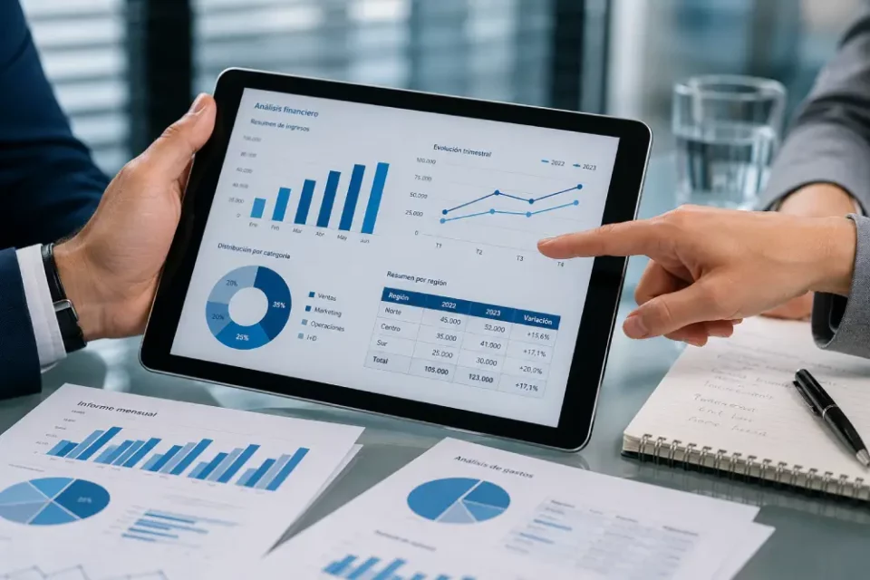 Profesional señalando gráficos financieros en tablet digital durante reunión de análisis de datos corporativos.
