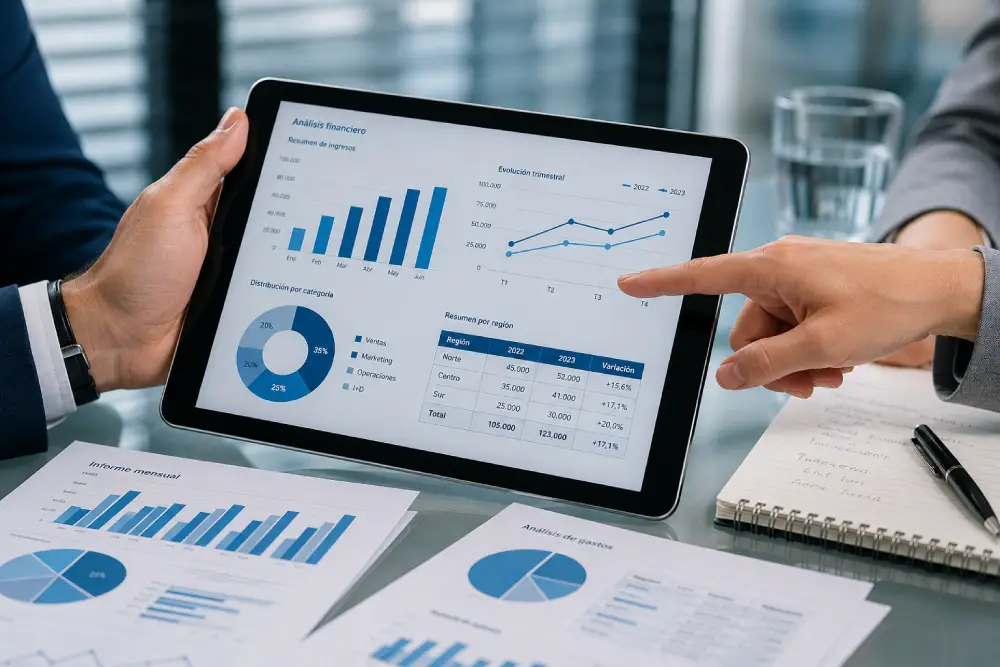 Profesional señalando gráficos financieros en tablet digital durante reunión de análisis de datos corporativos.