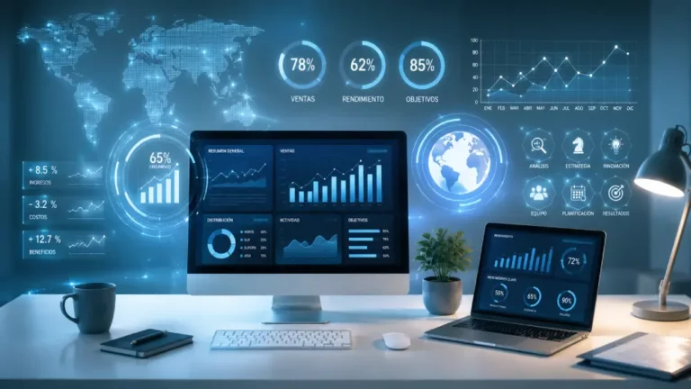 Analisis Big Data y Tecnologia Global Digital Dashboard digital con graficos estadisticos, mapa mundial y porcentajes sobre escritorio con monitor y laptop.