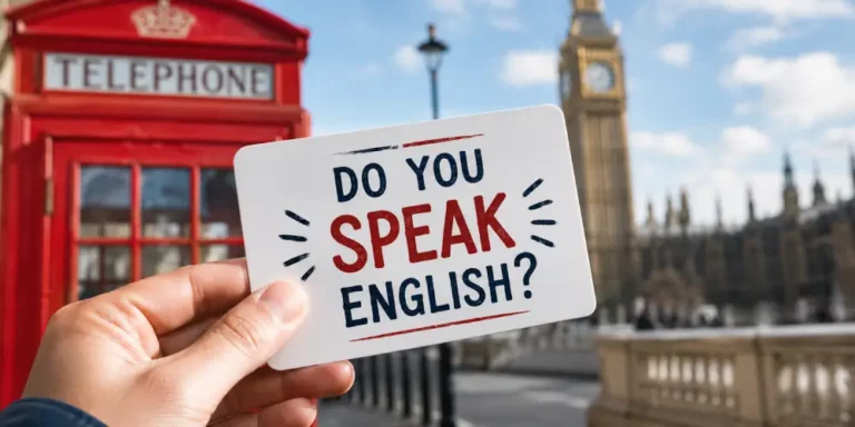 Aprender Inglés en Londres: Comunicación y Viajes Mano sosteniendo tarjeta blanca con texto Do you speak English frente a cabina telefónica roja y Elizabeth Tower en Londres.